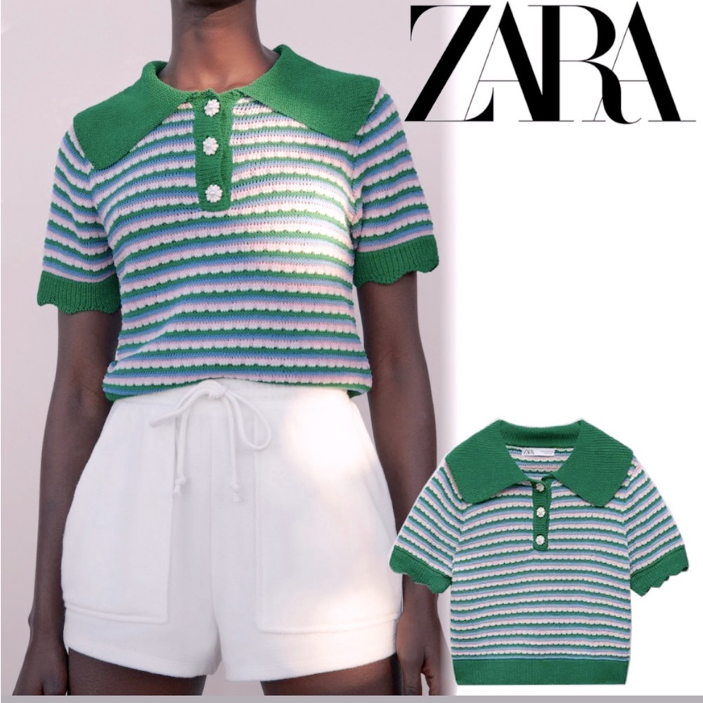 Zara Multicolour Vintage-look Knit Polo with Flower Detail Sz Small New With Tag